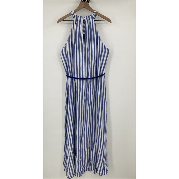 Loft Striped Linen Blend Belted Halter Maxi Dress Women 16 Blue White Nautical - Picture 4 of 12